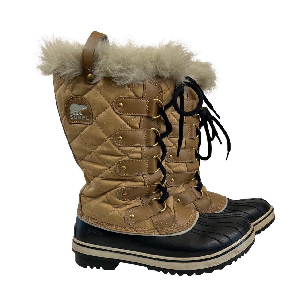 Sorel Joan Of Arctic Waterproof Winter Boots Quilted Faux Fur Tan Black 8